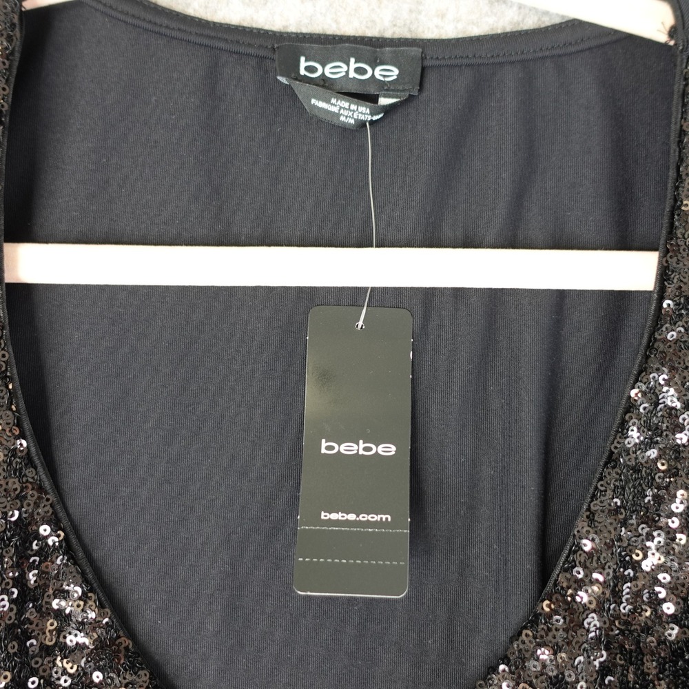 Bebe Crop Top Womens M Black Sequin Wrap V Neck Stretch Disco Glam Party NWT - Picture 2 of 10